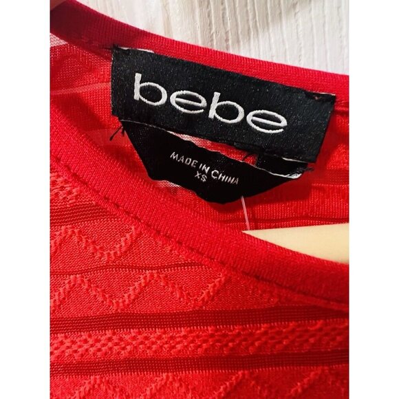 BeBe Red Long Sleeve Striped Mesh Mini Dress Size XS Party Formal Back Zipper - Picture 8 of 11